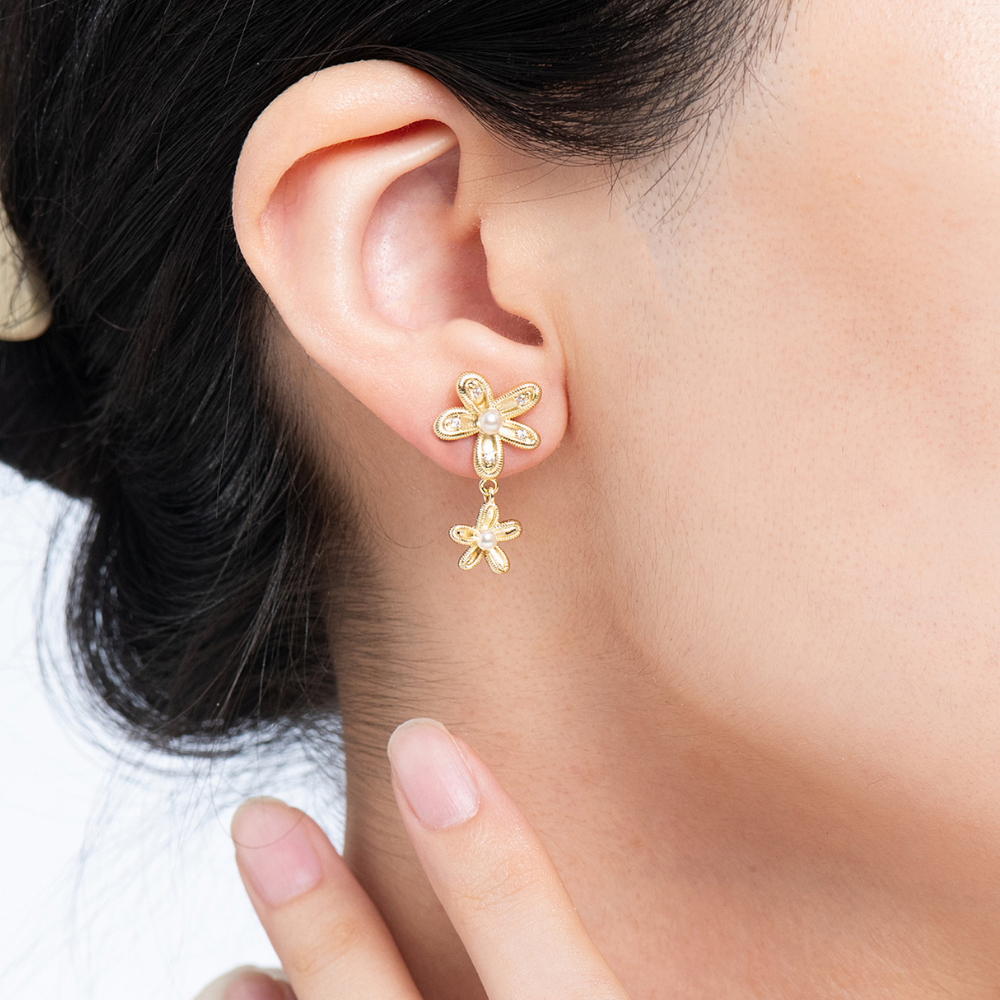 Rylan Flower Pearl Drop Earrings - 925 Silver Post